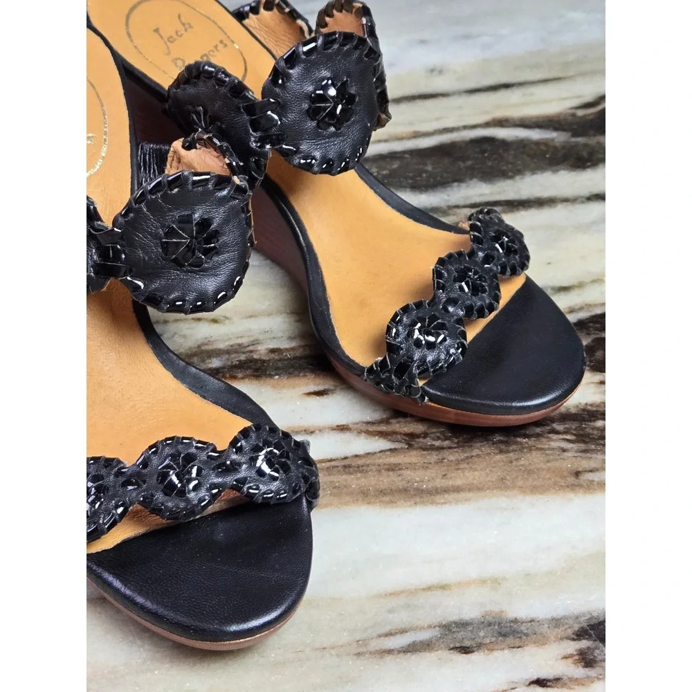 Jack‎ Rogers Womens Black Leather Whipstitched Rondelle Wedge Sandals Size 6M